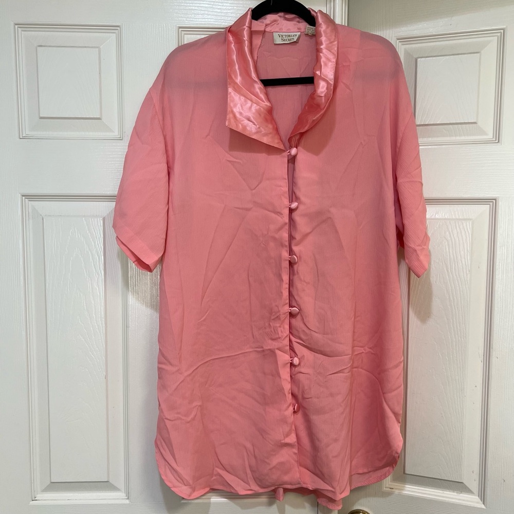 VNTG Victoria Secret Salmon Pink Button Up Crinkle Short Nightgown Dress Sz M/L